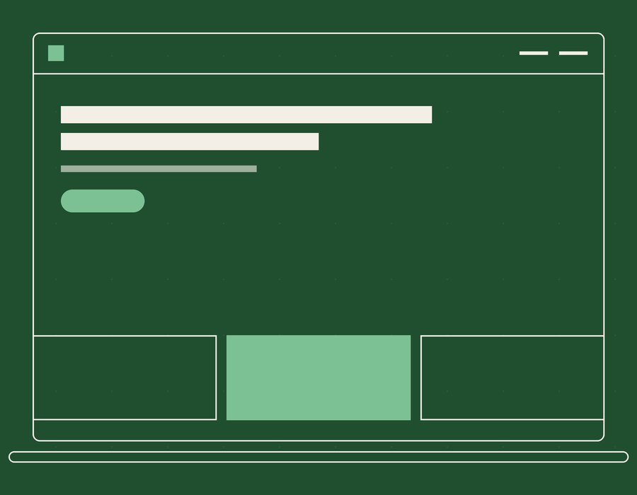 Esquema de la estructura de una web para despacho: cabecera, titular, llamada a la acción y tres bloques